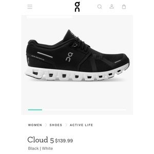 Women’s On Running shoes. Cloud 5, size 9, black & white. Worn twice